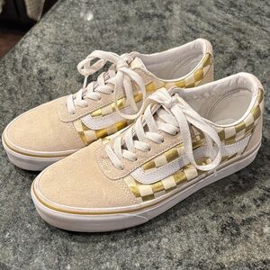 Vans Women's Gold and Cream Checkered Sneakers